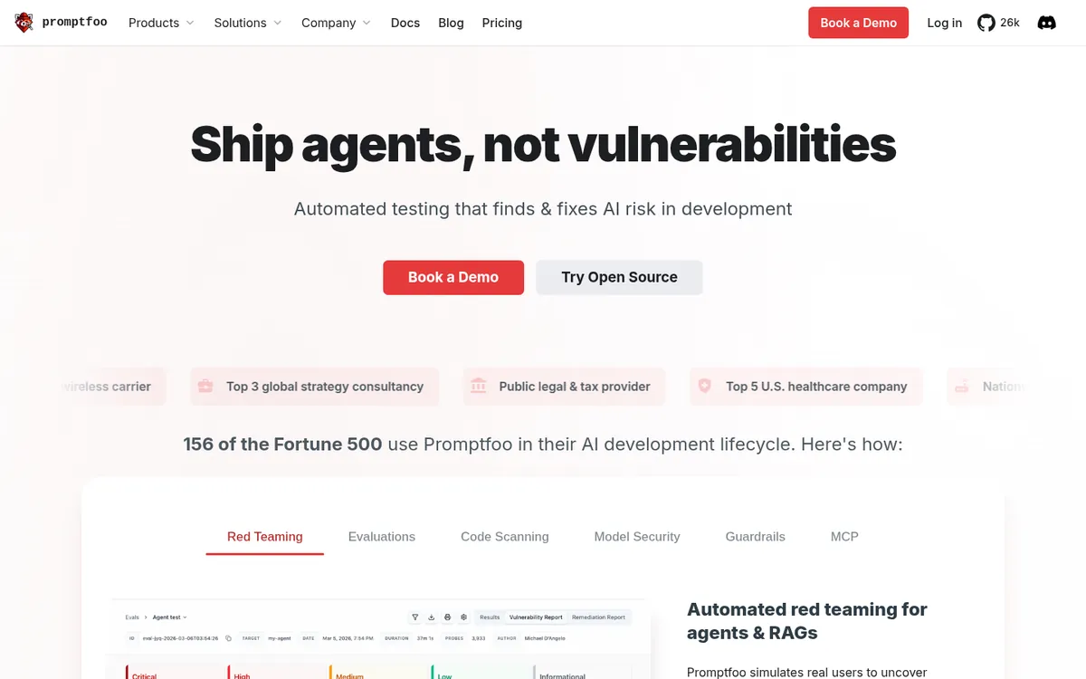 promptfoo homepage for LLM and agent testing