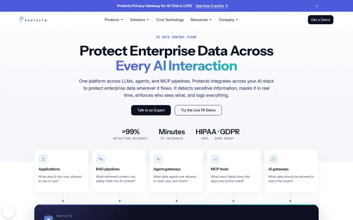 Protecto homepage for AI and MCP data security and privacy