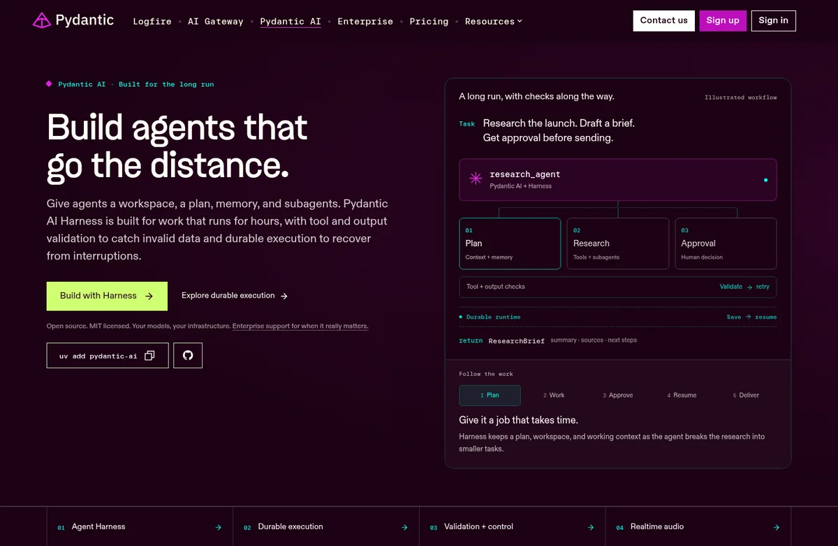Pydantic AI page reading Build agents that go the distance, with an illustrated plan, research, and approval workflow