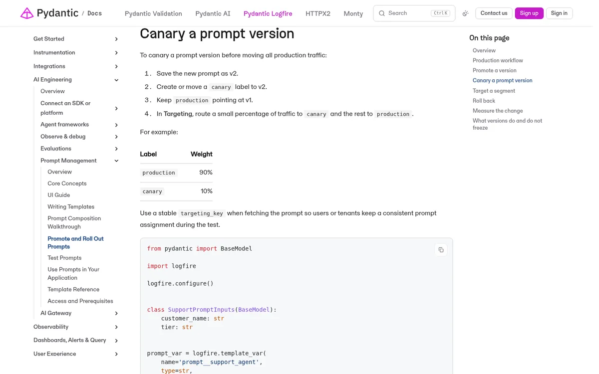 Pydantic Logfire docs showing a prompt canary with 90% production and 10% canary weights