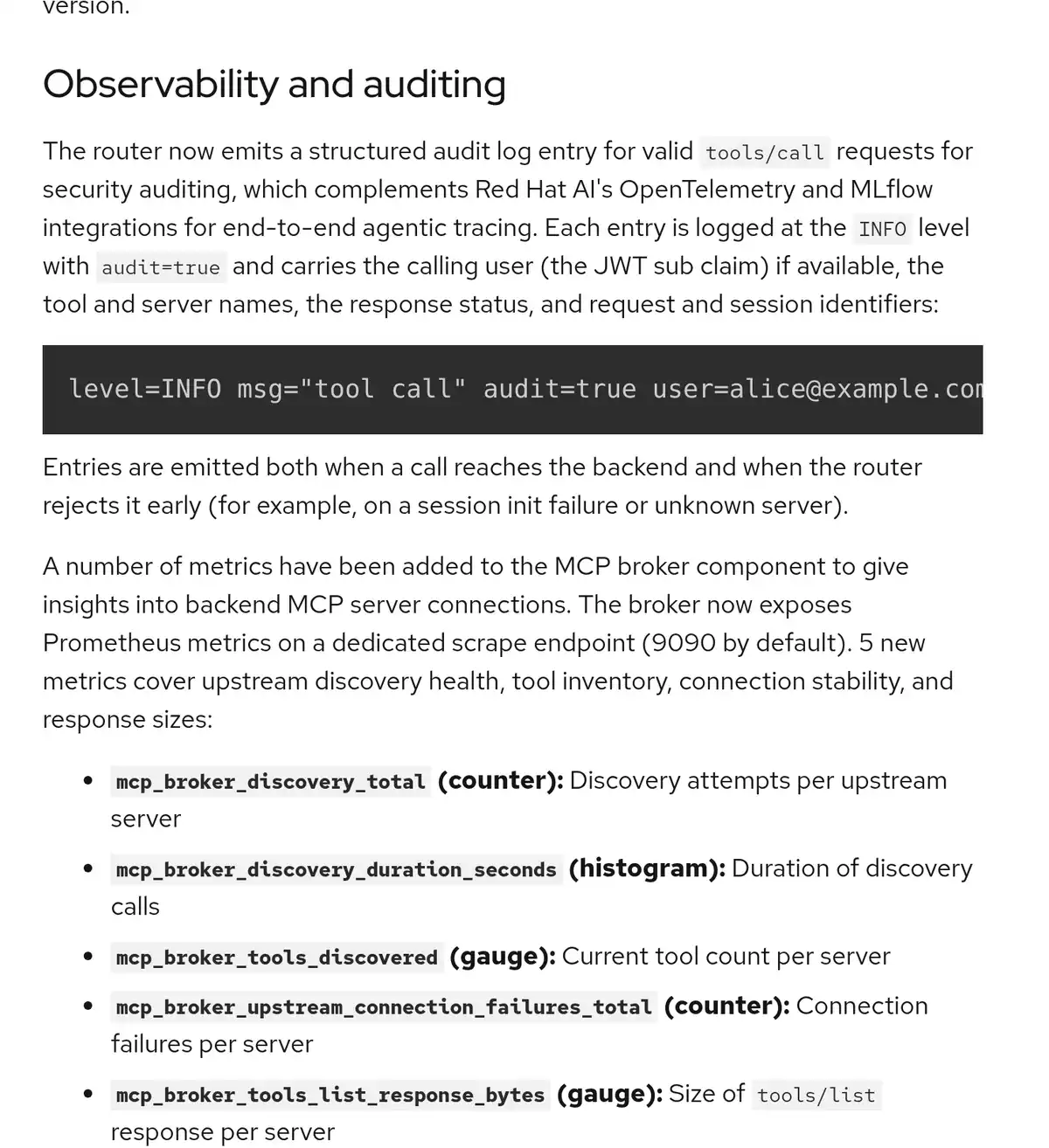 Screenshot of the Observability and auditing section of the Red Hat announcement showing a tool call audit log line and five MCP broker metrics