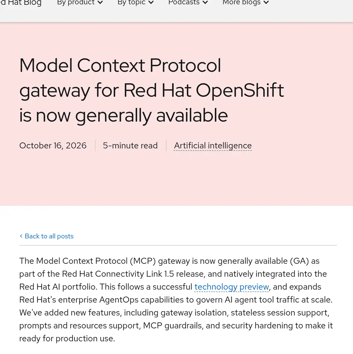 Screenshot of the Red Hat blog post titled Model Context Protocol gateway for Red Hat OpenShift is now generally available, dated October 16, 2026