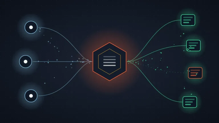 Abstract illustration of three agent nodes routing through a central hexagonal gateway to four tool server blocks, one blocked in red, on a dark field