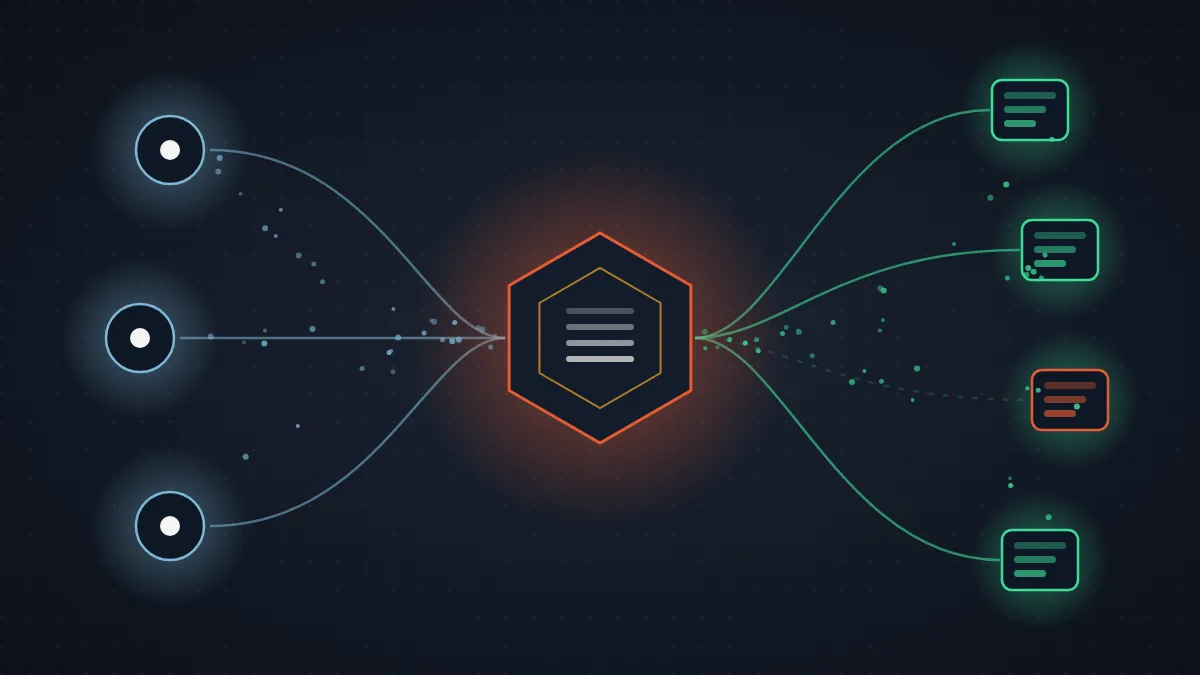 Abstract illustration of three agent nodes routing through a central hexagonal gateway to four tool server blocks, one blocked in red, on a dark field