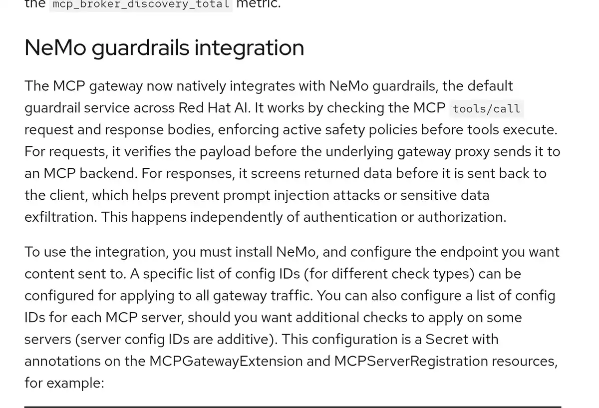 Screenshot of the NeMo guardrails integration section of the Red Hat announcement describing request and response screening for MCP tool calls