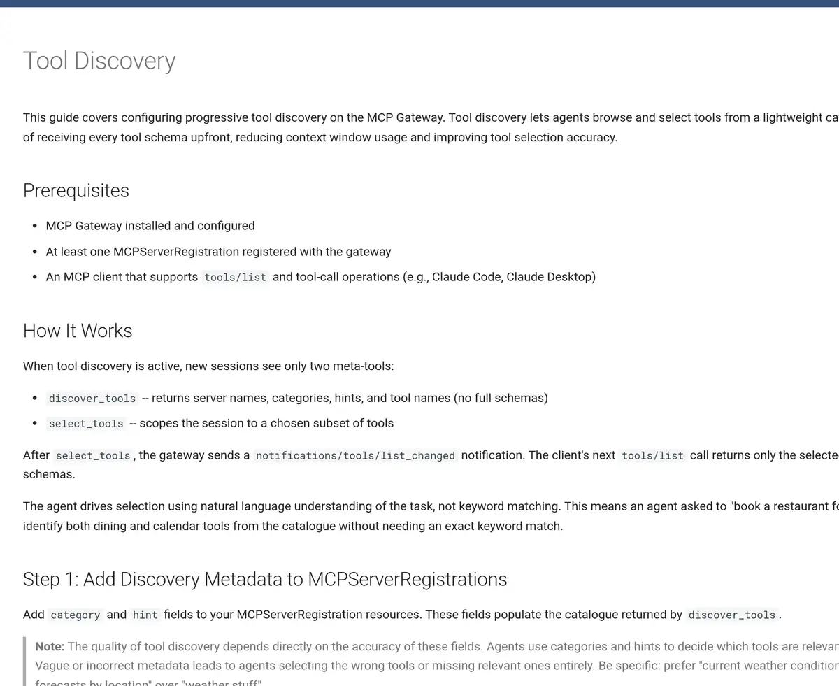 Screenshot of the Kuadrant MCP Gateway Tool Discovery guide showing the discover_tools and select_tools meta-tools