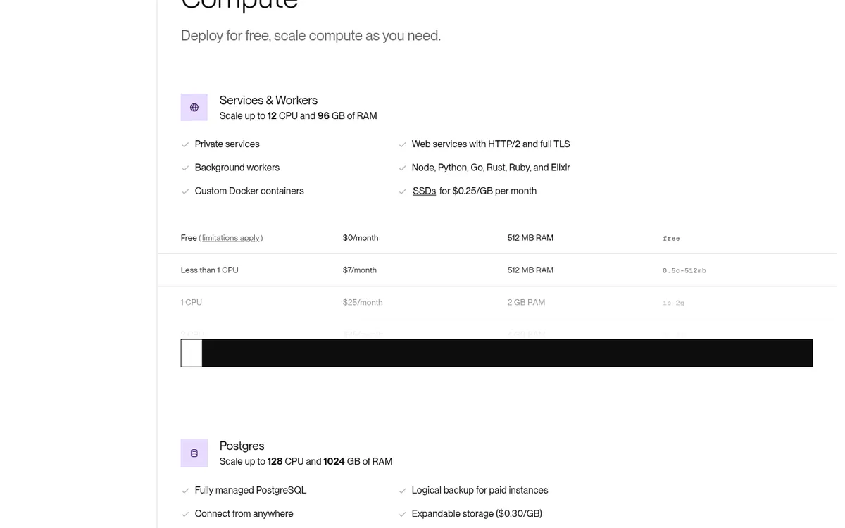 Render compute pricing for web services showing Free, 7 dollar, and 25 dollar instance tiers