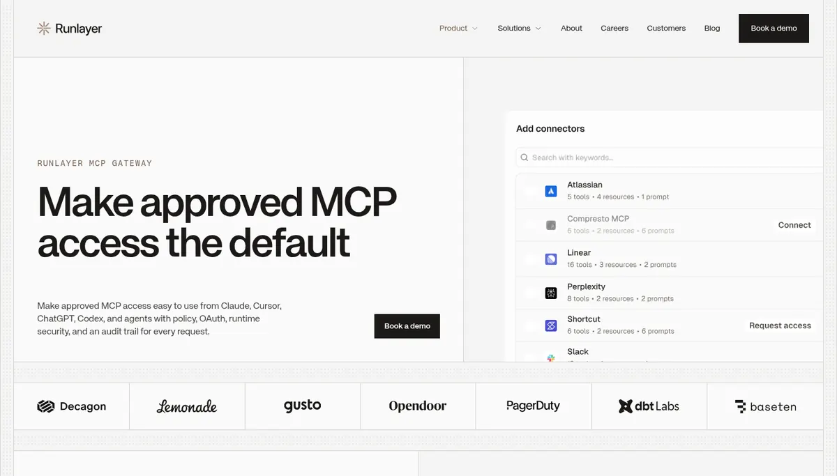 Runlayer MCP gateway page describing policy, OAuth, and audit controls