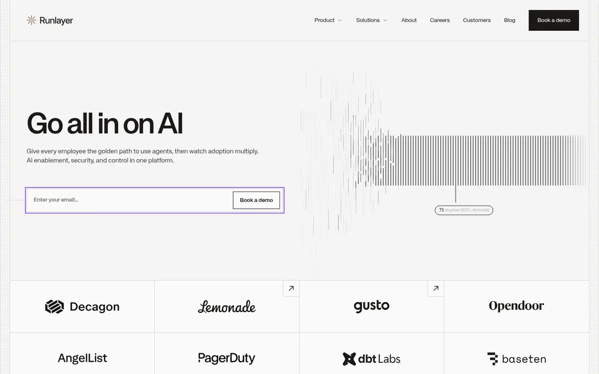 Runlayer homepage screenshot showing AI control plane and enablement messaging