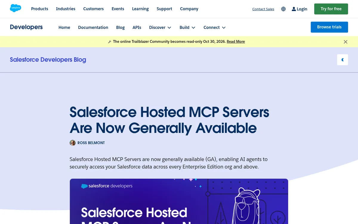 Salesforce Developers blog post announcing Hosted MCP Servers general availability