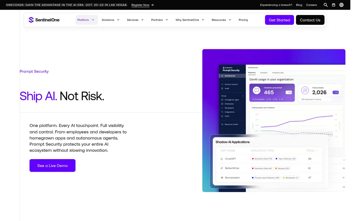 SentinelOne Prompt Security platform page for AI security