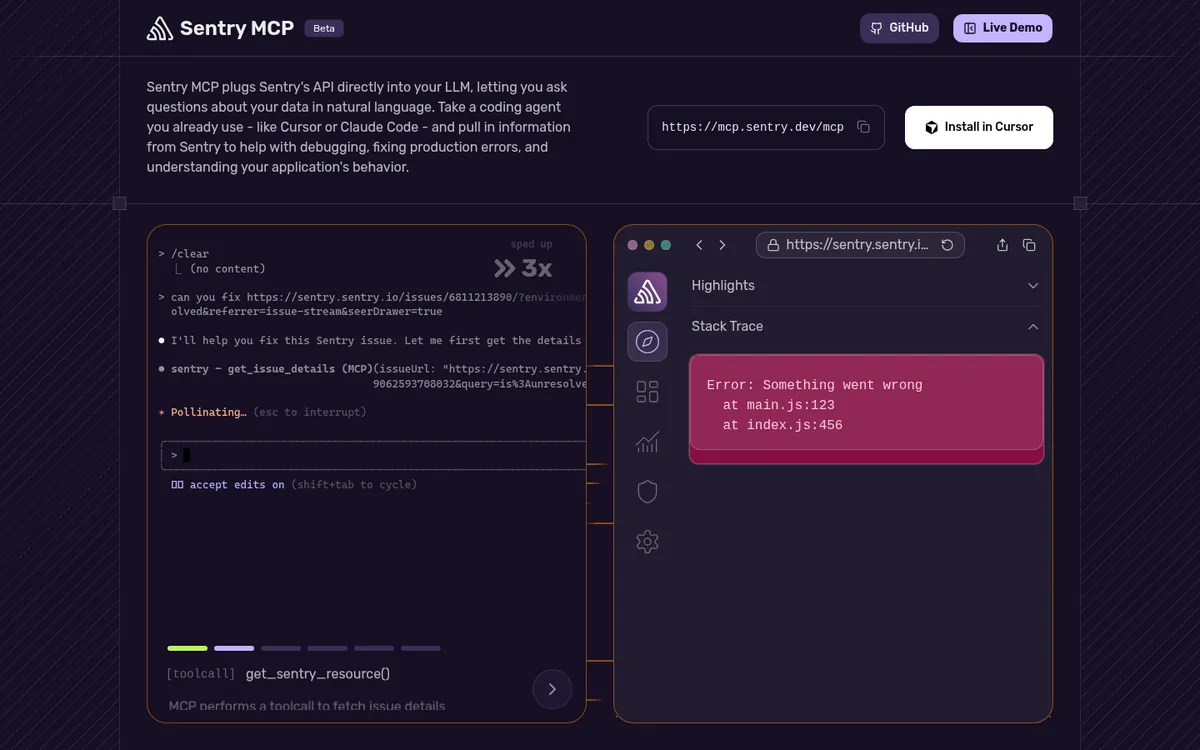 Sentry MCP server homepage with install instructions for AI coding clients