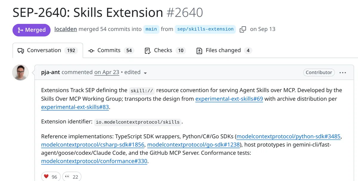 Screenshot of GitHub pull request 2640, SEP-2640: Skills Extension, merged on September 13 with 54 commits, describing a skill:// resource convention, the extension identifier io.modelcontextprotocol/skills, and reference implementations across SDKs and hosts