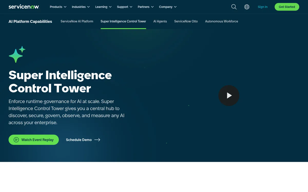 ServiceNow Super Intelligence Control Tower product page for AI governance