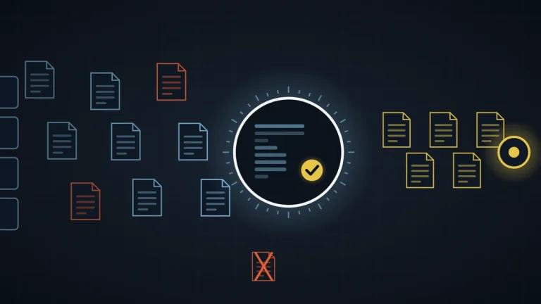 Abstract illustration of document icons flowing from a server stack through a circular verification ring with a check mark, with one red altered document rejected below and verified amber documents flowing to an agent node