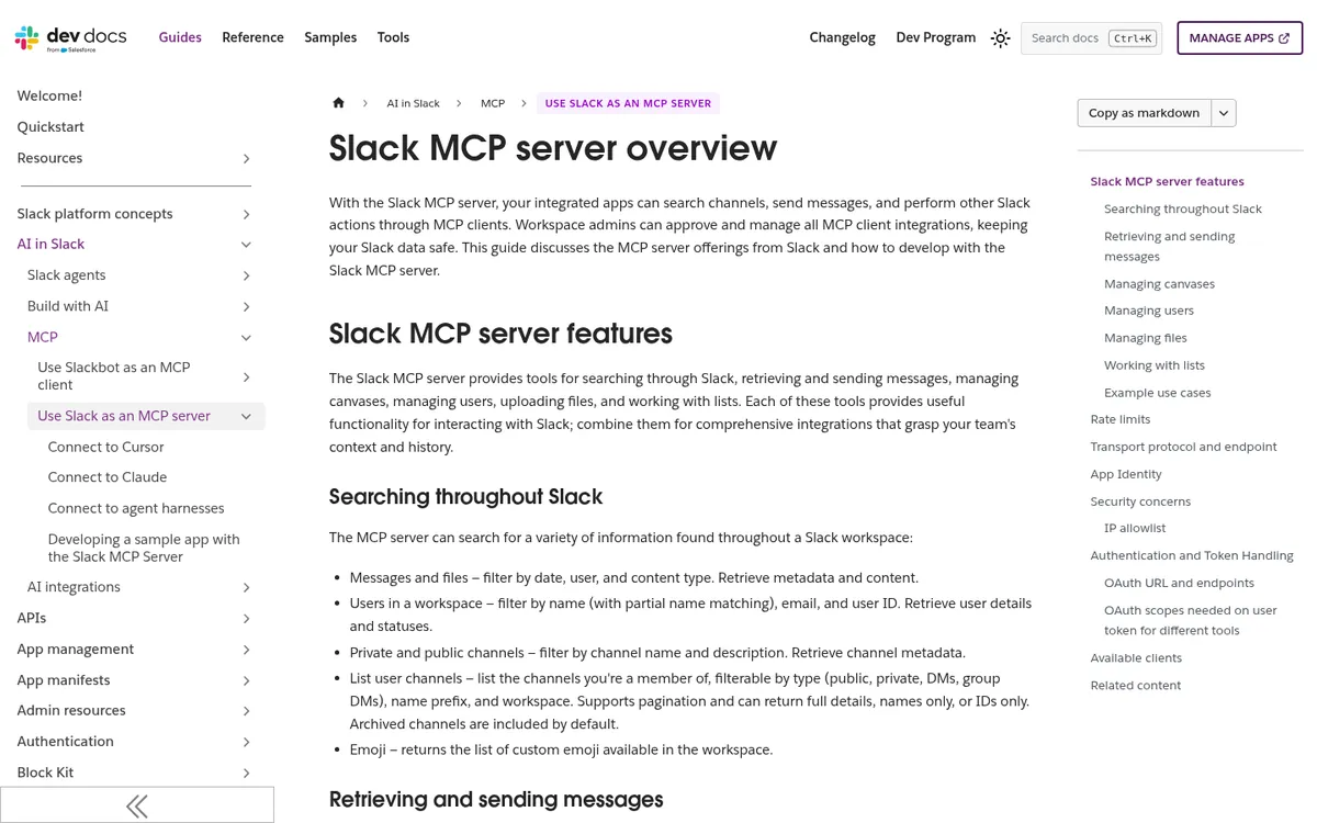 Slack developer docs overview of the Slack MCP server and supported clients