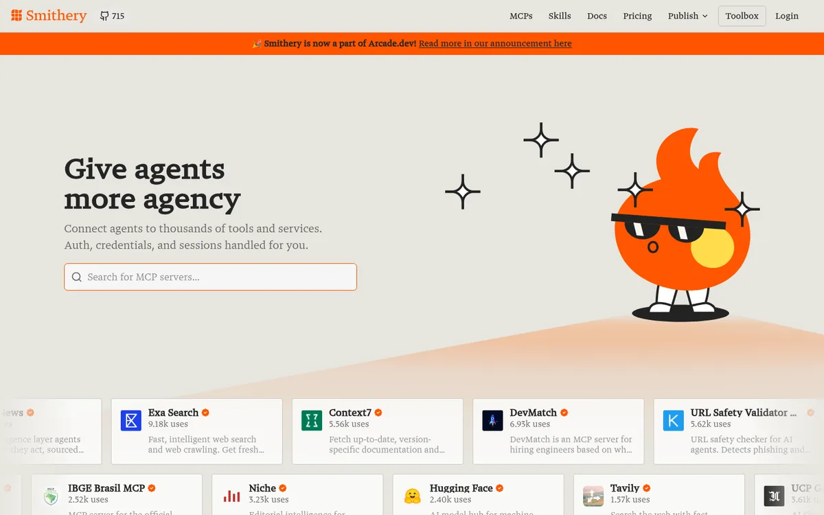 Smithery homepage showing hosted MCP connections for agents