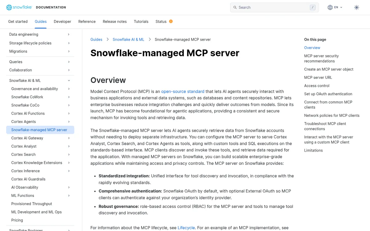 Snowflake documentation page for the Snowflake-managed MCP server