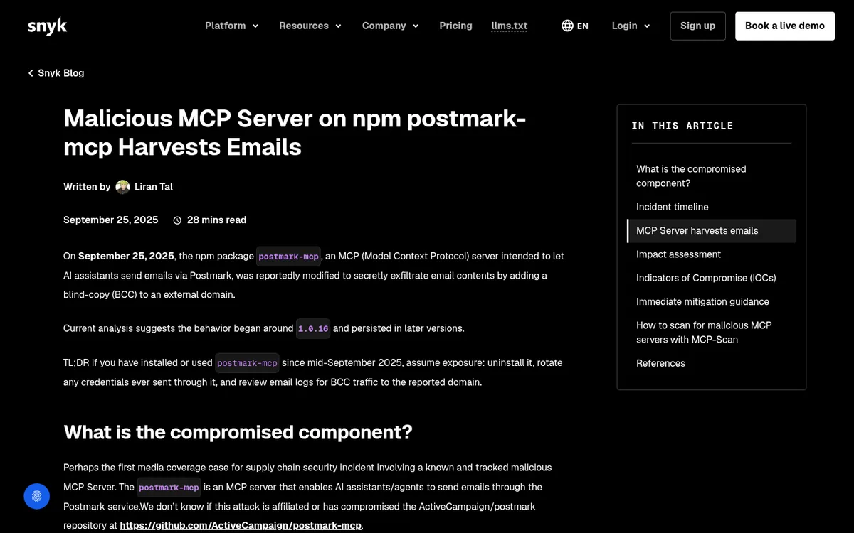 Snyk blog post reporting the malicious postmark-mcp server on npm