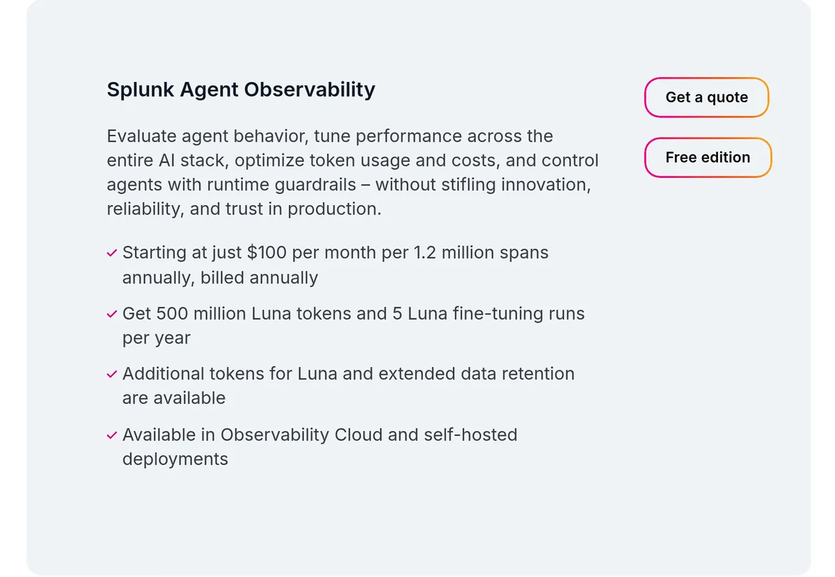 Splunk pricing card for Agent Observability starting at $100 per month per 1.2 million spans annually, billed annually