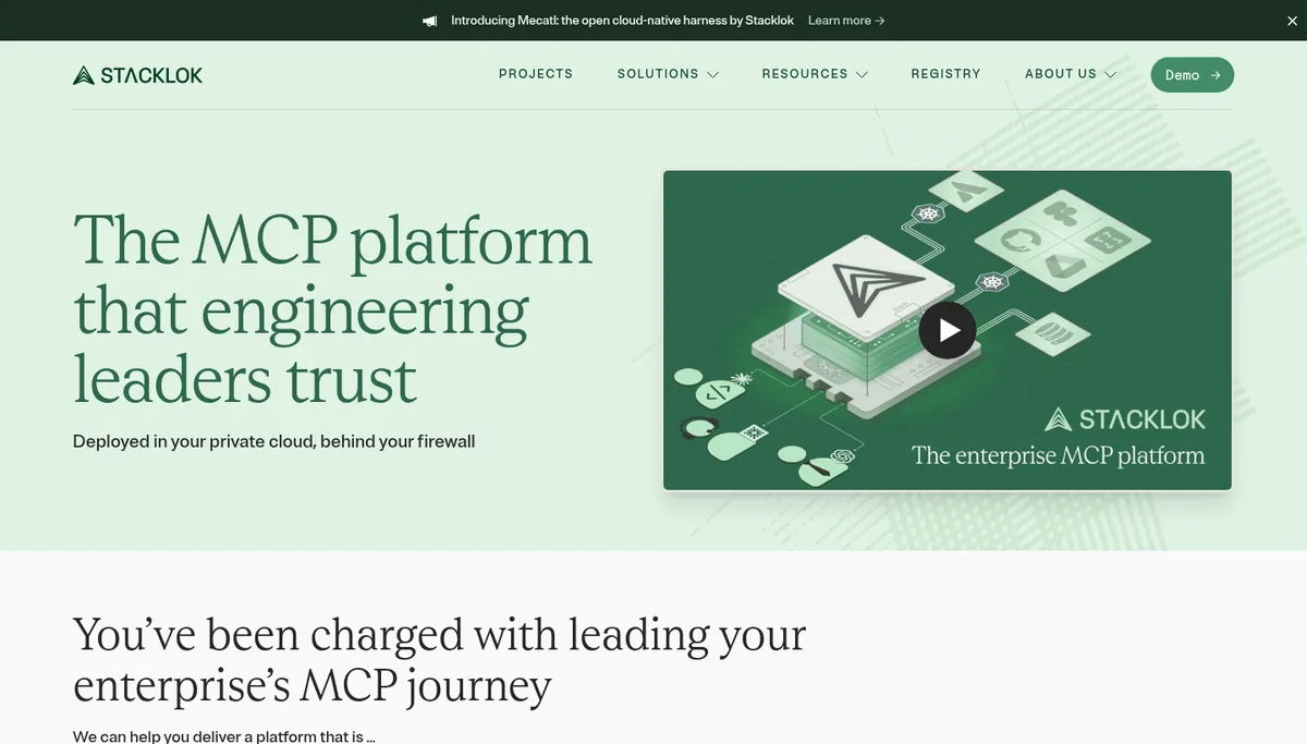 Stacklok platform page hero for the enterprise MCP platform that includes ToolHive Registry Server