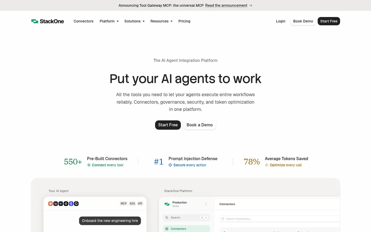 StackOne homepage describing its AI agent integration platform and connector counts