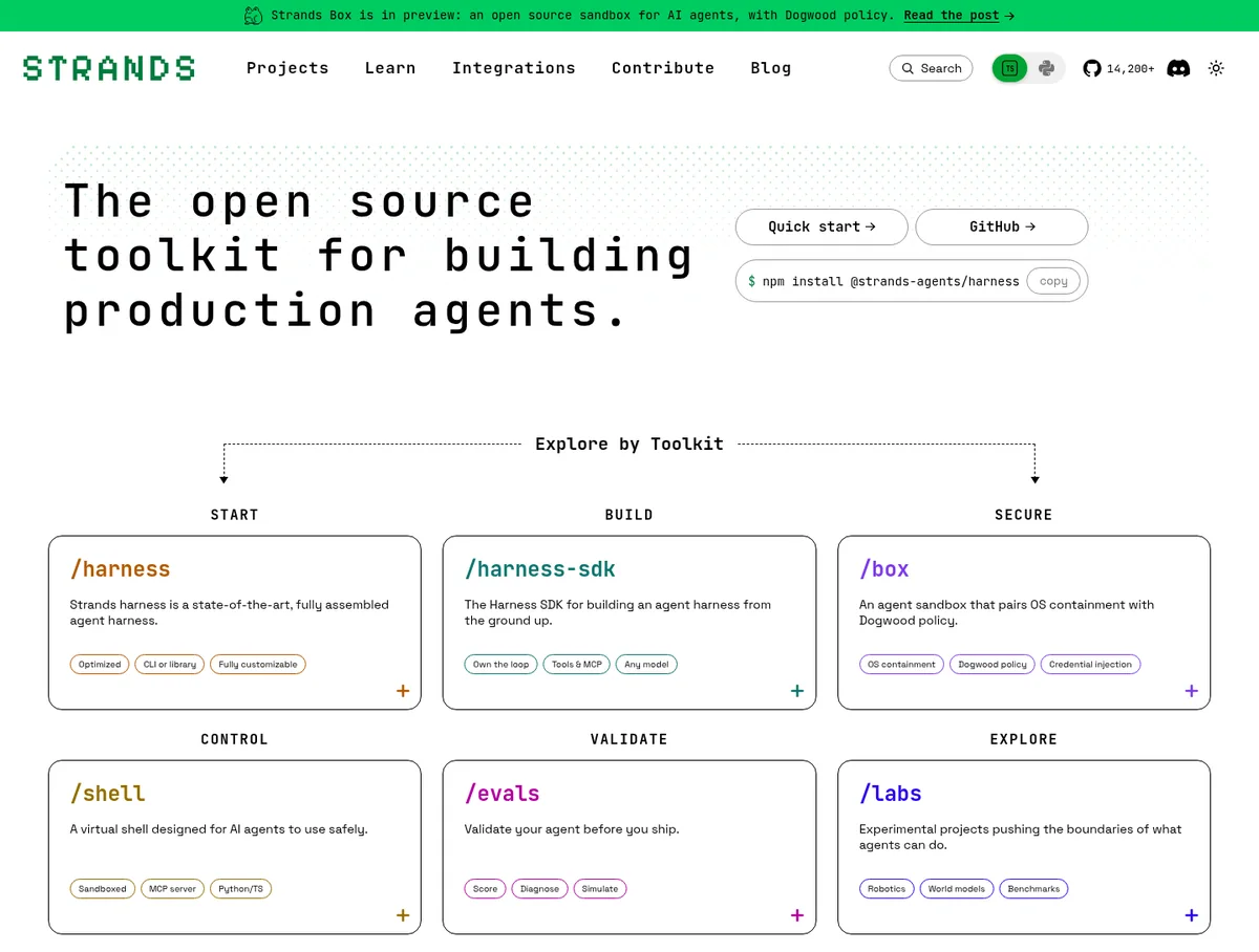 Strands homepage reading The open source toolkit for building production agents, with harness, SDK, and evals cards