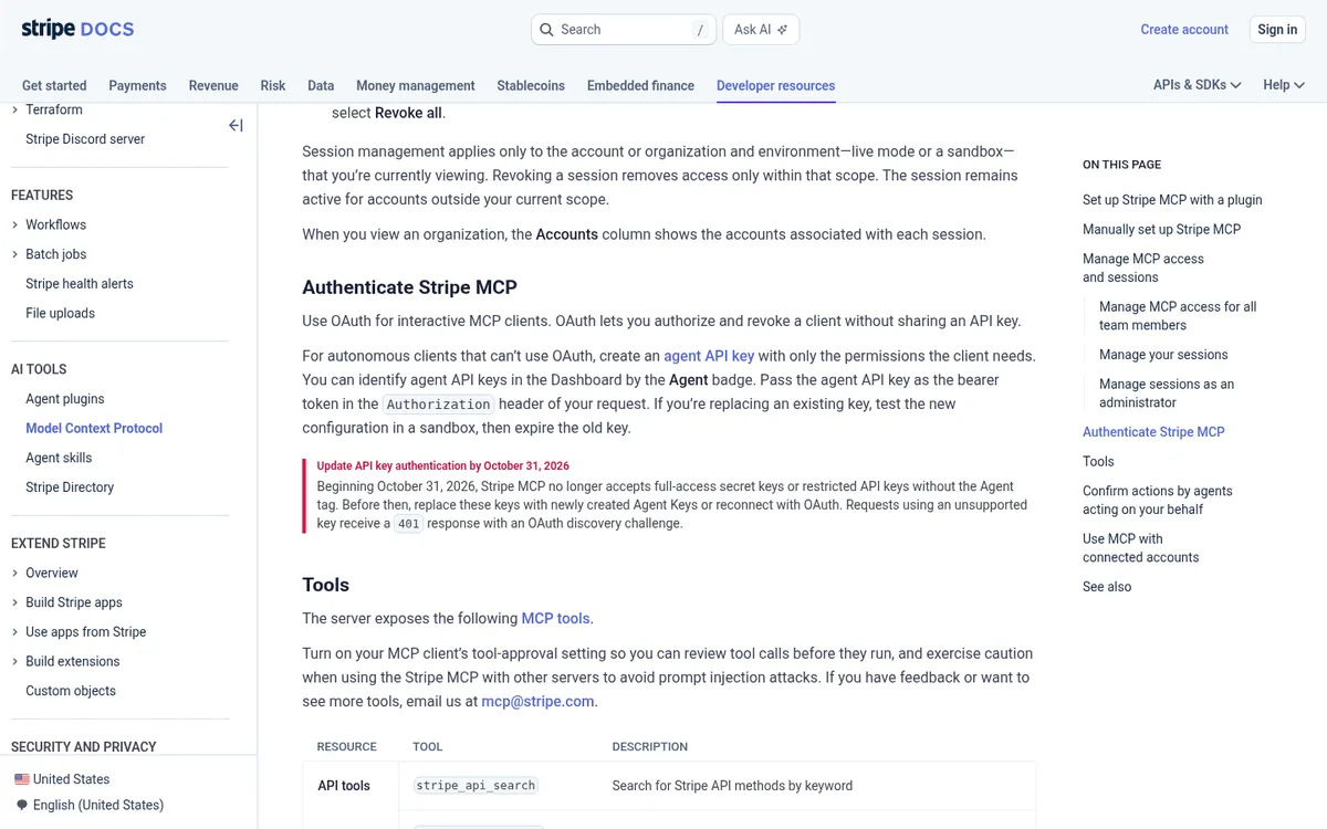 Stripe MCP docs notice about the October 31, 2026 API key authentication change