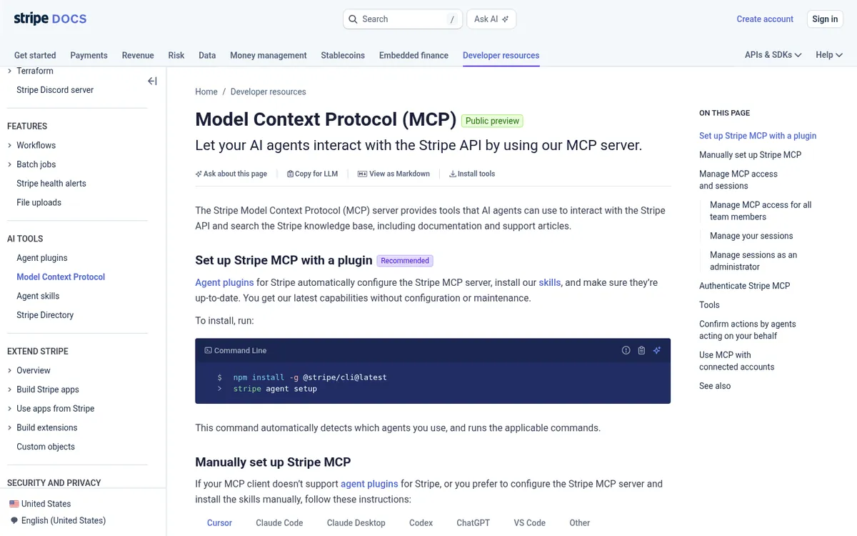 Stripe documentation page for the Stripe Model Context Protocol server
