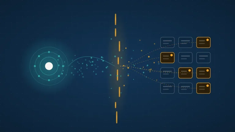Abstract illustration of a teal model node sending particles across a broken amber boundary line toward a grid of tool blocks, several highlighted in amber, on a dark navy field