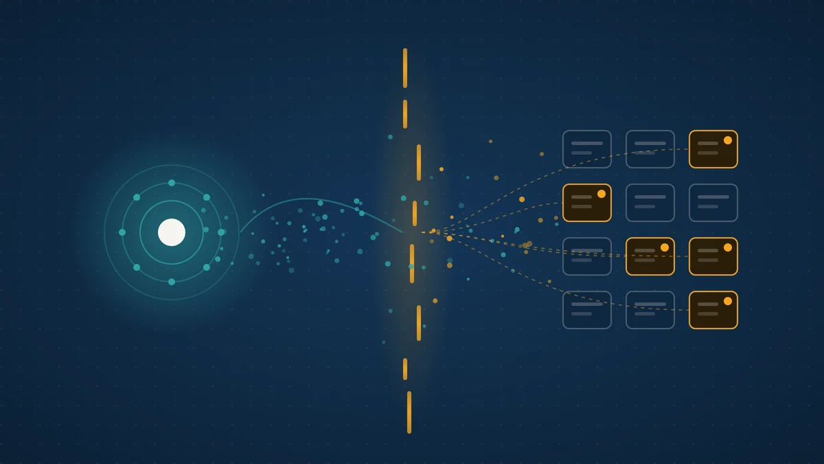 Abstract illustration of a teal model node sending particles across a broken amber boundary line toward a grid of tool blocks, several highlighted in amber, on a dark navy field