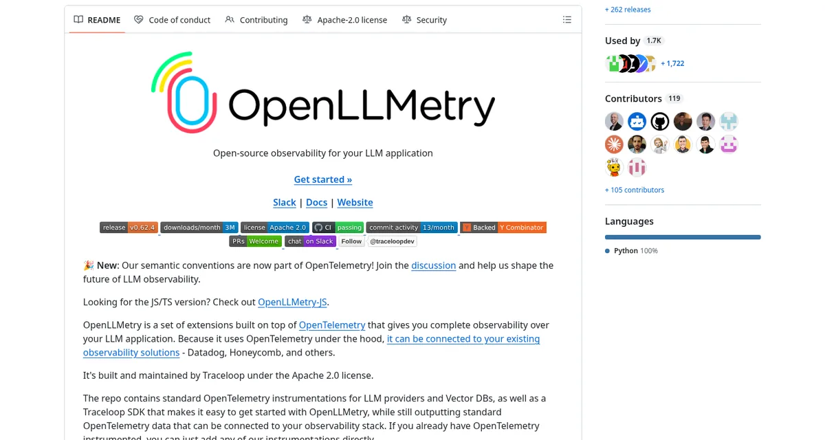 OpenLLMetry GitHub README with the project logo and a description of open-source observability built on OpenTelemetry