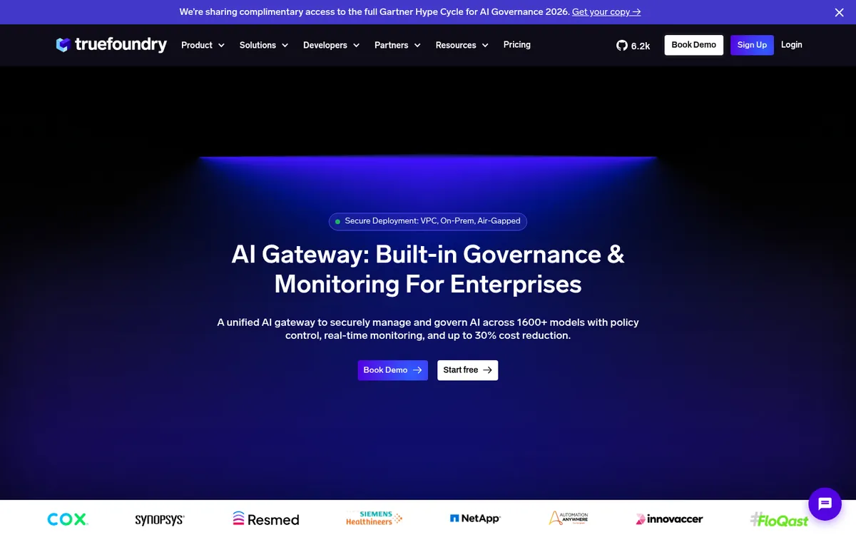 TrueFoundry AI Gateway product page for enterprise governance and monitoring