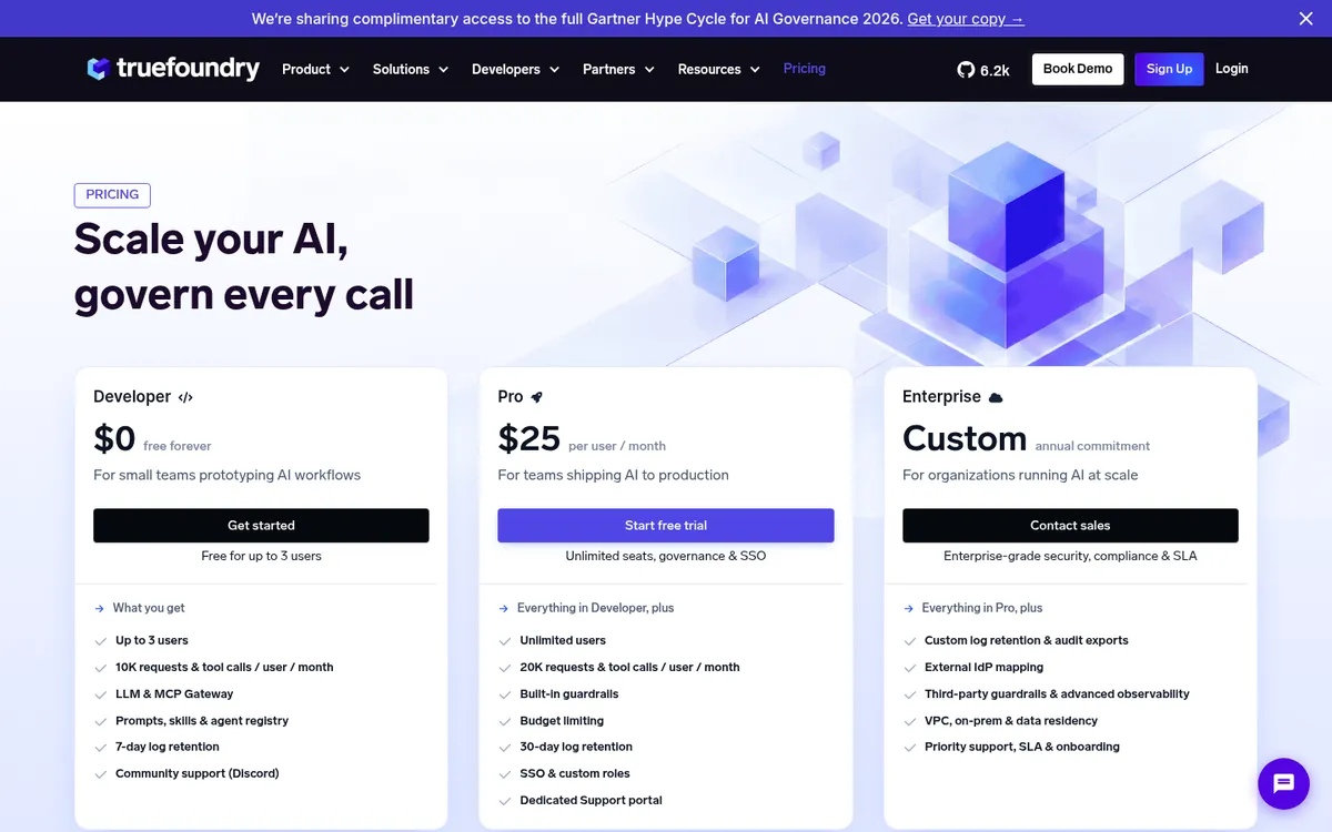 TrueFoundry pricing page with Developer, Pro, and Enterprise plans