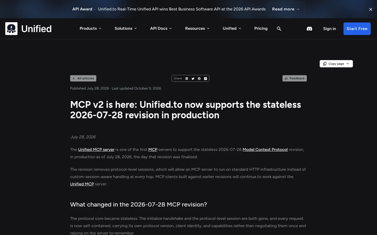 Unified.to blog post on supporting the stateless 2026-07-28 MCP revision