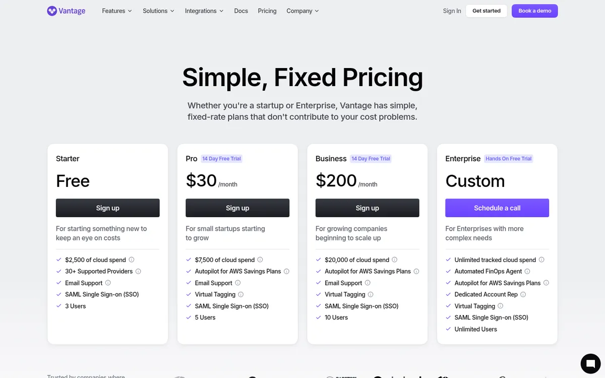 Vantage pricing page showing Starter, Pro, Business, and Enterprise FinOps plans by tracked spend