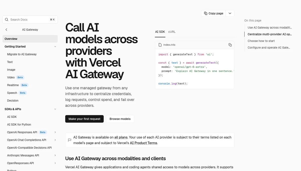 Vercel AI Gateway documentation page covering models routing and observability