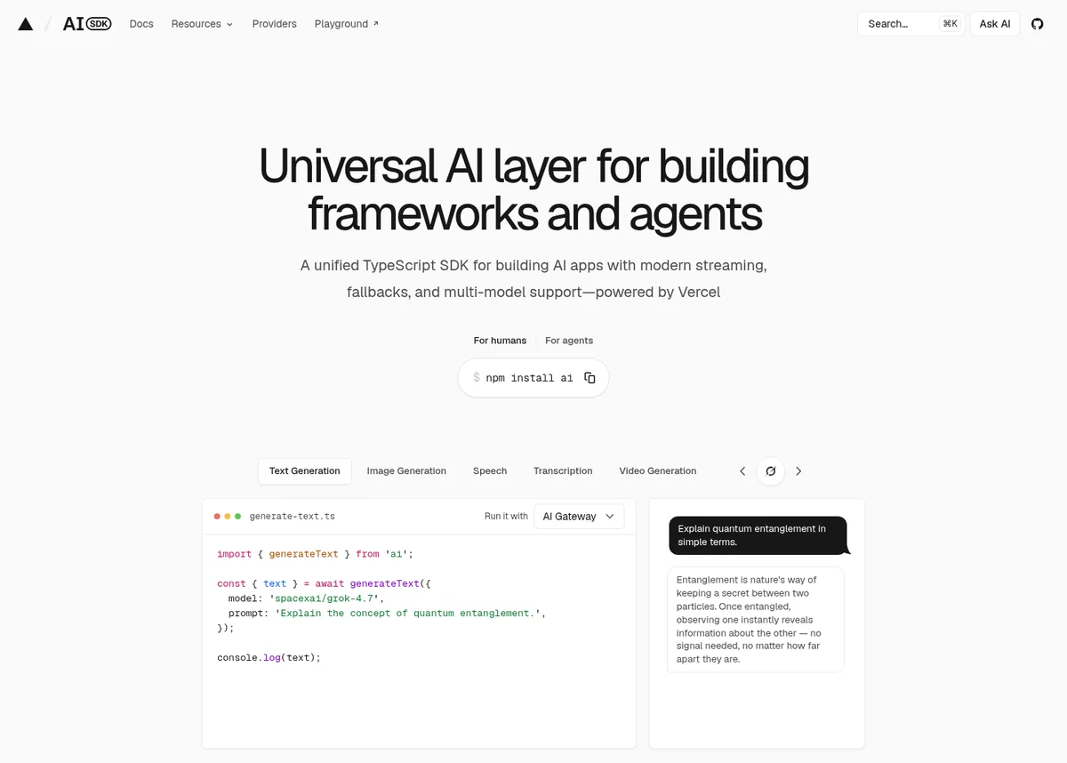 AI SDK homepage reading Universal AI layer for building frameworks and agents, with an npm install command