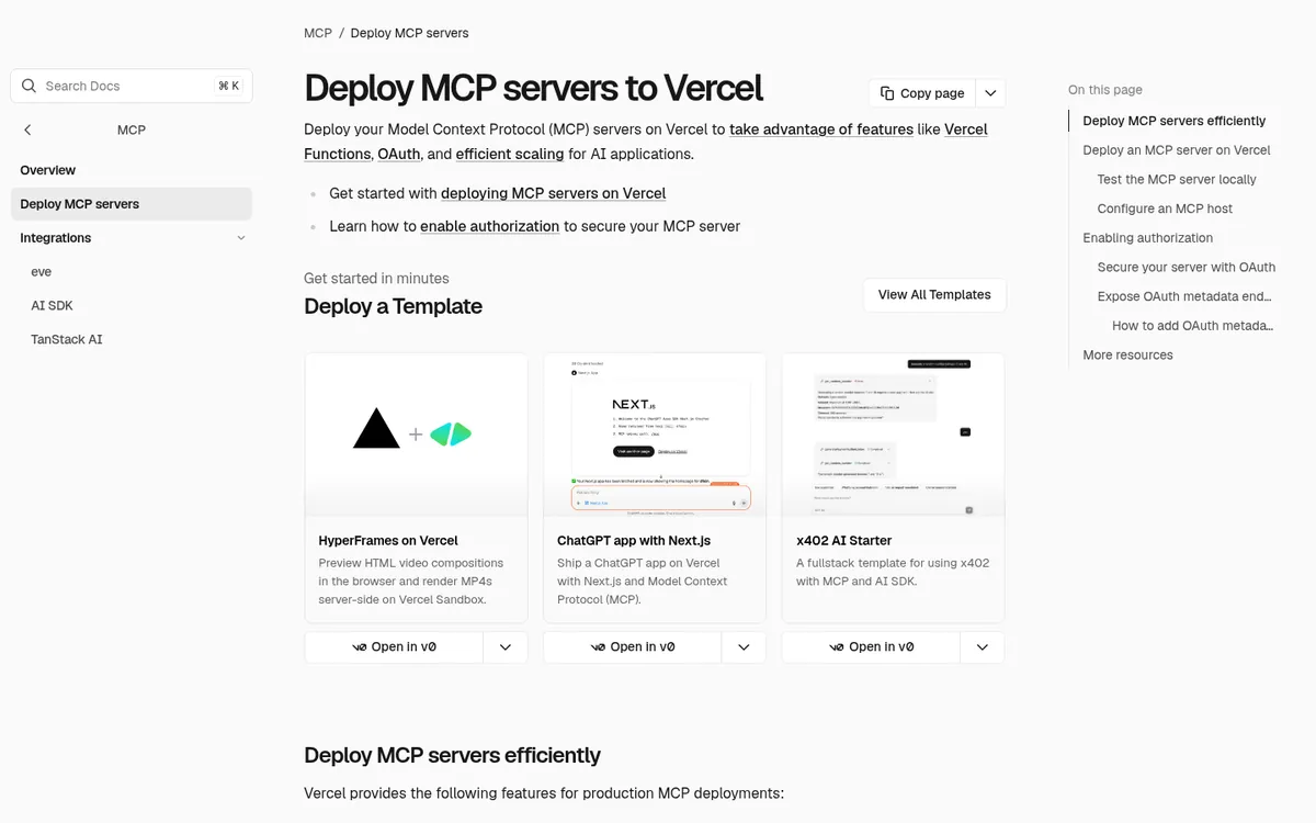 Vercel documentation page for deploying MCP servers with mcp-handler and Fluid compute