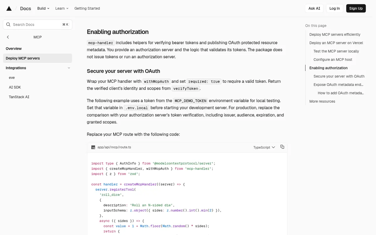 Vercel documentation explaining that mcp-handler verifies bearer tokens but does not issue tokens for MCP servers