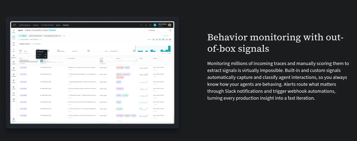 W&B Weave page showing an agent behavior monitoring table beside its feature description