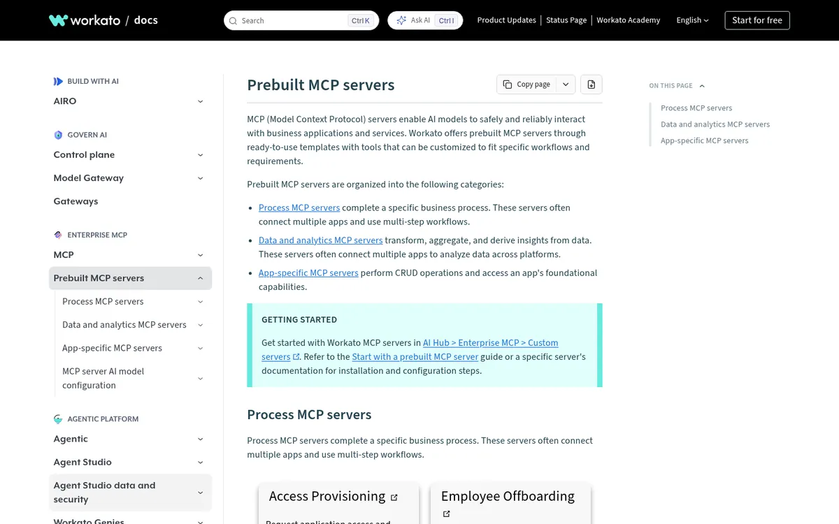Workato docs page listing prebuilt process, data, and app-specific MCP servers
