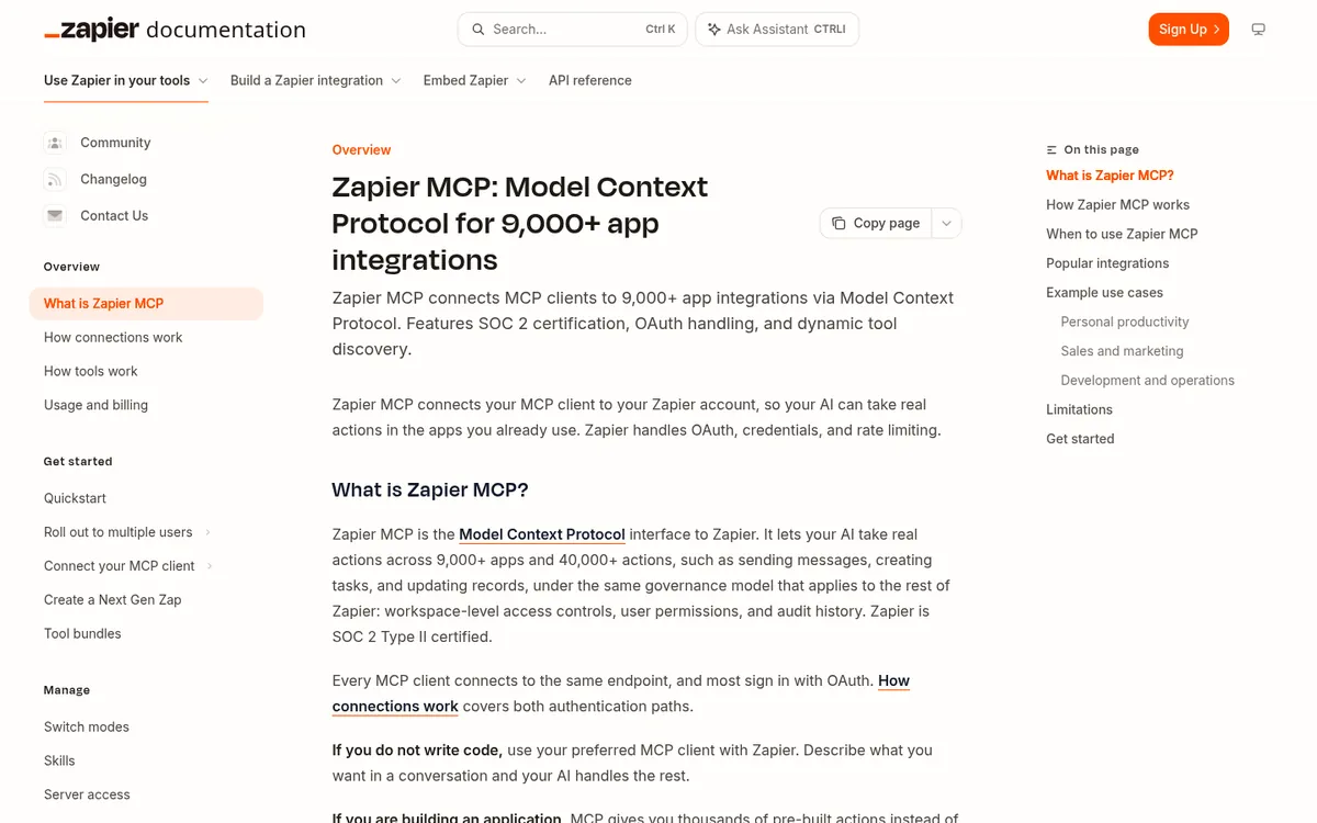Zapier MCP documentation home page describing access to 9,000+ app integrations