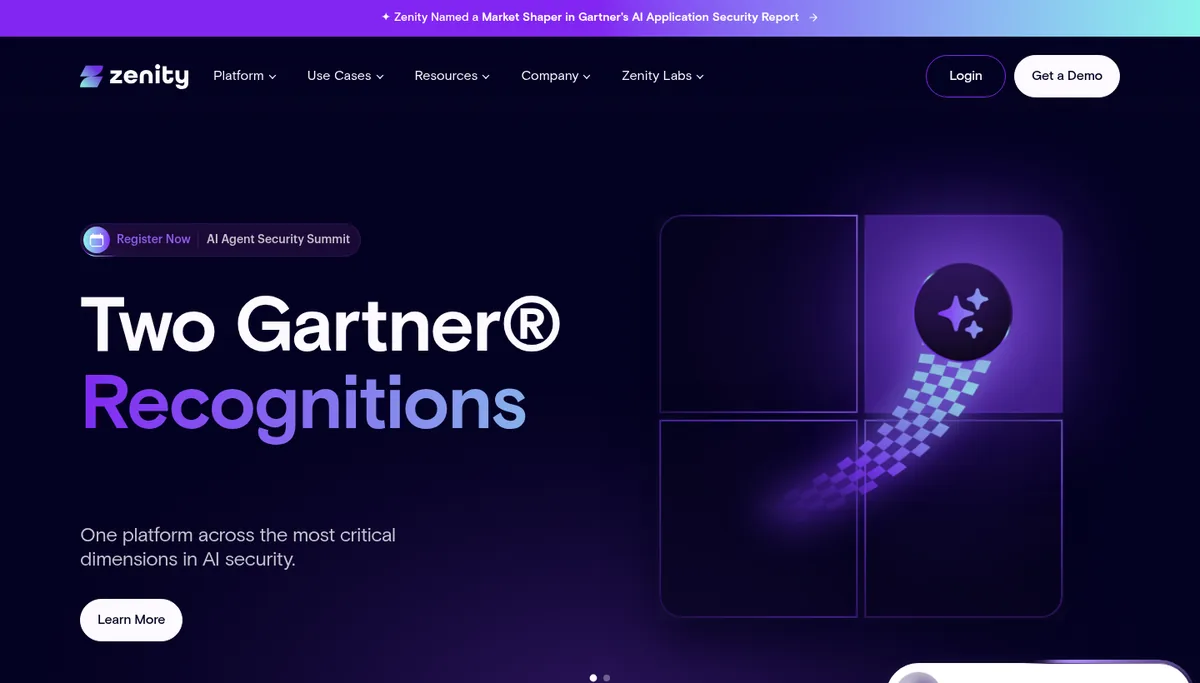 Zenity homepage hero for its AI agent security and governance platform