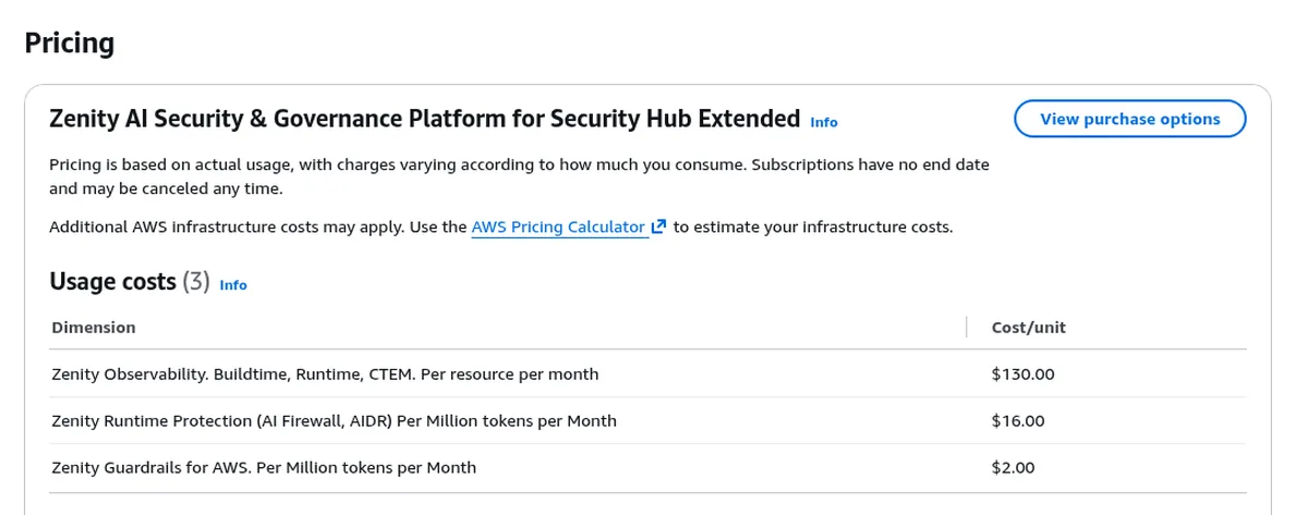 Zenity AWS Marketplace pricing table for Security Hub Extended usage costs