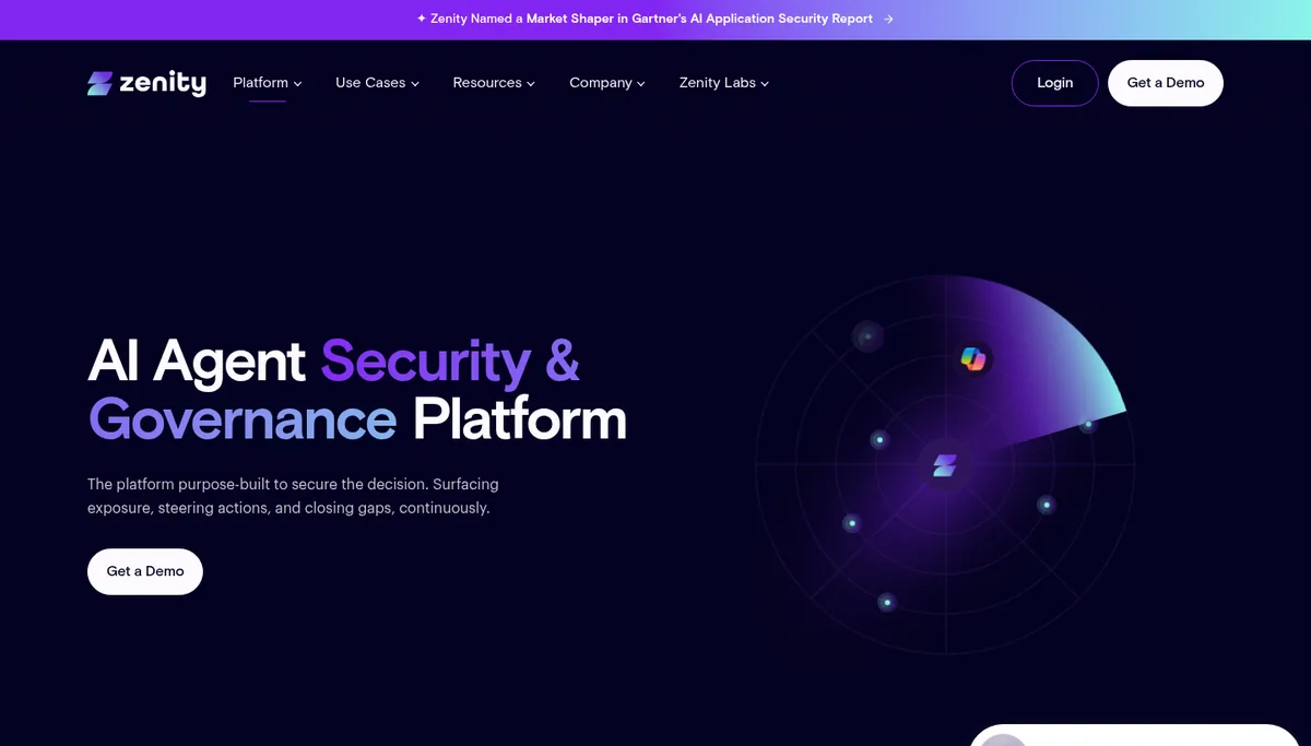 Zenity platform page describing Surface, Enforce, and Protect layers for AI agents
