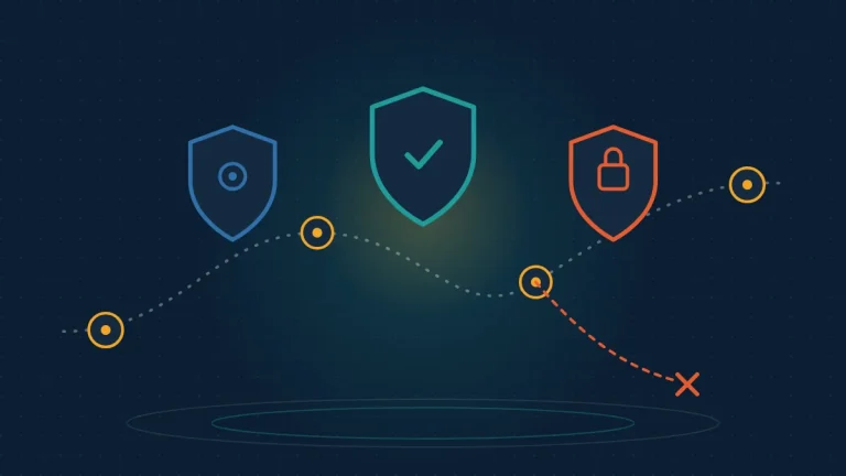 Abstract navy scene with three security shields along an AI agent path, one branch blocked